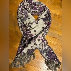 reversible winter gray cheetah print purple paisley shaw wrap  real fur fringe